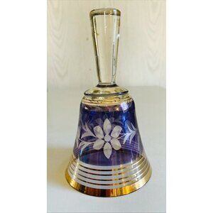 Vintage Czech Hand Painted Lavender Bohemia Glass Bell Clear Gold w Clapper EUC